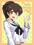  1girl bangs black_neckerchief black_ribbon blouse border brown_eyes brown_hair character_name commentary crop_top crop_top_overhang english_text eyebrows_visible_through_hair girls_und_panzer hair_ribbon happy_birthday koyama_yuzu long_sleeves looking_at_viewer medium_hair midriff navel neckerchief notice_lines ooarai_school_uniform oosaka_kanagawa open_mouth orange_border outline polka_dot polka_dot_background ribbon sailor_collar school_uniform serafuku short_ponytail smile solo upper_body waving white_blouse white_outline white_sailor_collar yellow_background 