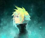  1boy aqua_background blonde_hair blue_eyes cloud_strife earrings final_fantasy final_fantasy_vii glowing jewelry profile single_earring solo spiked_hair square_enix takanamushi turtleneck upper_body 