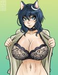  1girl absurdres animal_ears black_choker black_fur blue_eyes blush bra breasts bright_pupils cat_ears cat_girl choker cleavage earrings eyebrows_visible_through_hair fran_(tensei_shitara_ken_deshita) gradient gradient_background green_background grey_bra hair_between_eyes hands_up highres huge_breasts jewelry large_breasts light_blush linea_alba looking_at_viewer medium_hair navel nose older open_clothes osric-gersten parted_lips pink_lips slit_pupils stomach tensei_shitara_ken_deshita thick_lips toned underwear upper_body white_pupils 