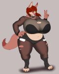  anthro belly big_breasts blueryker boots bottomwear bra breasts canid canine clothing collar curvy_figure cutoffs daisy_dukes denim denim_clothing female footwear fox gesture hair hand_on_chest hi_res high_heeled_boots high_heels hotpants huge_breasts legwear looking_at_viewer mammal midriff navel one_eye_closed open_toe_footwear pantyhose punk red_hair shorts slightly_chubby smile solo strapless_bra strapless_clothing strapless_underwear summer_(blueryker) thick_thighs torn_clothing torn_legwear torn_pantyhose translucent translucent_clothing underwear v_sign wide_hips wink 