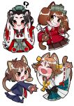  4girls :3 ? animal_ear_fluff animal_ears animal_hands arms_up bangs black_hair black_jacket blush brown_hair cat_ears cat_girl cat_tail closed_eyes detached_sleeves fang grin hat headgear hiei_(kancolle) hime_kake jacket japanese_clothes kantai_collection kariginu long_hair magatama miko multiple_girls necktie nisshin_(kancolle) open_mouth plaid plaid_skirt pleated_skirt red_necktie ribbon-trimmed_sleeves ribbon_trim ryuujou_(kancolle) shikigami simple_background skirt smile tail twintails visor_cap wakaba_(kancolle) white_background 