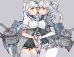  2girls black_gloves black_skirt bodysuit cape chou-10cm-hou-chan_(fuyutsuki&#039;s) chou-10cm-hou-chan_(suzutsuki&#039;s) clothes_writing fuyutsuki_(kancolle) gloves grey_cape grey_eyes grey_jacket grey_legwear hachimaki half_gloves headband jacket kantai_collection kusanagi_tonbo long_hair microskirt miniskirt multiple_girls neckerchief necktie one_side_up pleated_skirt rigging sailor_collar school_uniform serafuku short_sleeves silver_hair skirt suzutsuki_(kancolle) thighhighs white_bodysuit white_headband white_neckerchief white_necktie white_sailor_collar white_skirt 