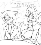  1:1 2022 angry anthro big_breasts breast_envy breast_size_difference breasts callmewritefag catalina_gato clothed clothing digital_drawing_(artwork) digital_media_(artwork) domestic_cat duo english_text eyewear felid feline felis female fur glasses hair huge_breasts looking_at_viewer mammal monique_pussycat monsters_wild simple_background sketch small_breasts smile super_fuck_friends text 