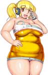  1girl bangs beer_can blonde_hair blush breasts can cleavage commentary_request cowboy_shot dress eyebrows_visible_through_hair headphones highres holding holding_can large_breasts looking_at_viewer nitroplus open_mouth orizen plump simple_background smile solo strapless strapless_dress super_pochaco tareme thick_arms thick_thighs thighs tube_dress twintails white_background yellow_dress yellow_eyes 