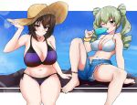  2girls adjusting_clothes adjusting_headwear alternate_hairstyle anchovy_(girls_und_panzer) anklet armorganger bangs barefoot bikini bikini_under_clothes blue_shorts blue_sky blush bow bow_bikini breasts brown_eyes brown_hair brown_headwear clear_sky closed_mouth cloud cloudy_sky commentary commission cutoffs day denim denim_shorts double_bun drill_hair eating eyebrows_visible_through_hair food foot_up frown fur_bracelet girls_und_panzer girls_und_panzer_senshadou_daisakusen! green_hair hair_ornament halterneck hat highres holding holding_food horizon jewelry knee_up large_breasts lens_flare licking long_hair looking_at_viewer medium_breasts multiple_girls navel nishizumi_maho official_alternate_costume on_rock one_eye_closed open_fly outdoors outside_border pixiv_request popsicle purple_bikini red_eyes rock short_hair shorts side-by-side side-tie_bikini sitting sky star_(symbol) star_hair_ornament straw_hat sun_hat swimsuit tongue tongue_out torn_clothes torn_shorts twin_drills twintails upshorts white_bikini 