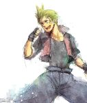  1boy black_shirt blonde_hair blue_eyes blue_shorts collarbone cropped_jacket facial_tattoo fang fighting_stance final_fantasy final_fantasy_viii fingerless_gloves gloves lower_teeth open_mouth shirt shorts solo spiked_hair square_enix takanamushi tattoo teeth upper_body upper_teeth white_background zell_dincht 