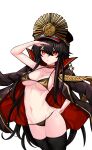  1girl absurdres bangs bikini black_bikini black_hair black_legwear breasts choker collarbone fate/grand_order fate_(series) hair_between_eyes hat highres long_hair looking_at_viewer medium_breasts navel oda_nobunaga_(fate) oda_nobunaga_(swimsuit_berserker)_(fate) peaked_cap red_eyes simple_background solo swimsuit thighhighs very_long_hair white_background 