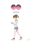  1girl bare_legs brown_hair cellphone cover cover_page doujin_cover fertilization from_side highres impregnation looking_at_phone miniskirt original ovum phone pokemon pokemon_(game) pokemon_go short_ponytail skirt smartphone smile solo white_background xxzero 