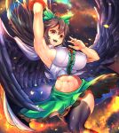  1girl :d adapted_costume arm_cannon arm_up armpits bare_arms black_hair black_legwear black_wings bow breasts cape covered_nipples feathered_wings feet_out_of_frame floating_hair green_skirt hair_bow highres large_breasts long_hair looking_at_viewer midriff navel open_mouth puck100ml red_eyes reiuji_utsuho shirt sideboob skirt sleeveless smile solo teeth thighhighs tongue touhou weapon white_cape white_shirt wings 