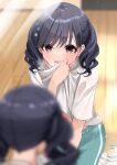  1girl blurry dark_blue_hair depth_of_field from_behind fukumaru_koito fuu_(fuore) highres idolmaster idolmaster_shiny_colors indoors looking_at_mirror midriff_peek mirror mirror_image navel shirt solo sweatdrop twintails wavy_hair wet wet_clothes wet_shirt wooden_floor 