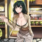  1girl alternate_costume bangs bob_cut bracelet breasts brown_shirt dark_green_hair eyebrows eyebrows_visible_through_hair fubuki_(one-punch_man) green_eyes highres inug jewelry large_breasts lips long_sleeves one-punch_man shirt solo straight_hair 