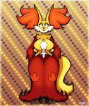  anthro big_breasts breasts delphox eyeshadow female hand_on_hip hi_res inner_ear_fluff lipstick looking_at_viewer mahoxy makeup markings mature_female mole_(marking) nintendo pok&eacute;mon pok&eacute;mon_(species) simple_background smile solo standing tuft video_games wide_hips 