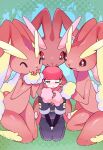  1boy alpha_pokemon blush cheek_poking galaxy_expedition_team_survey_corps_uniform grass hat highres kaniku_(pixiv5660) lopunny pokemon pokemon_(creature) pokemon_(game) pokemon_legends:_arceus poking pout red_headwear red_scarf rei_(pokemon) scarf seiza sitting smile 