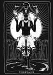  anthro anubian_jackal big_ears black_body bottomwear canid canine canis canis_infernalis card clothed clothing collar dreadlocks egyptian eye_markings feathers greyscale heart_(organ) hi_res jackal loincloth male mammal markings monochrome neckwear organs shado_(shadoclawx) solo tail_tuft tarot_card tuft weighing_scale 