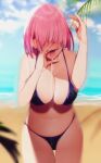  1girl bangs bikini breasts cleavage cum cum_on_body fate/grand_order fate_(series) fellatio hair_between_eyes highres large_breasts mairudo_(mildcoffee1117) mash_kyrielight navel ocean open_mouth oral pink_hair short_hair solo solo_focus swimsuit thighs tongue 