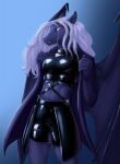  anthro bat_pony clothing daf equid fangs female gradient_background hair hi_res looking_aside mammal midriff my_little_pony overcoat portrait rubber rubber_clothing rubber_suit silver_hair simple_background solo three-quarter_portrait violet_seren 