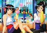  1990s_(style) 5girls arm_up bendy_straw black_eyes black_hair blue_leotard blush brown_hair closed_eyes constricted_pupils cropped_shirt cup drink drinking drinking_straw exercise full-face_blush hairband headband high_ponytail holding holding_towel idol_boueitai_hummingbird leg_warmers leotard looking_at_viewer multiple_girls non-web_source official_art open_mouth parted_lips pom_pom_(cheerleading) red_hair red_leotard retro_artstyle shirt sitting sleeves_rolled_up standing sweat tied_shirt toreishi_kanna toreishi_mina toreishi_satsuki toreishi_uzuki toreishi_yayoi towel wardrobe_malfunction weight_machine white_shirt wristband 