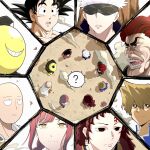  1other 6+boys ? bald bangs black_hair blank_eyes blindfold braid braided_ponytail bright_pupils brown_eyes chainsaw_man character_request copyright_request day dragon_ball earrings from_above gojou_satoru gyoza_2001 highres jewelry jounouchi_katsuya jujutsu_kaisen kimetsu_no_yaiba light_brown_hair long_hair looking_at_another makima_(chainsaw_man) multiple_boys one-punch_man orange_eyes outdoors parted_lips red_hair ringed_eyes saitama_(one-punch_man) scar scar_on_face scar_on_forehead shadow short_hair silver_hair single_braid son_goku spiked_hair spoken_question_mark standing v-shaped_eyebrows white_pupils yu-gi-oh! 