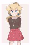  alternate_costume alternate_hairstyle artist_name bangs blonde_hair brown_shirt casual chocomiru crown crown_removed earrings eyebrows_visible_through_hair jewelry long_hair mario_(series) necklace ponytail princess_peach red_skirt shirt short_sleeves signature skirt smile starman_(mario) tiara_removed upper_body 