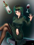  1girl absurdres alcohol artist_request bangs bob_cut champagne dark_green_hair dress eyebrows_visible_through_hair fubuki_(one-punch_man) green_dress green_eyes highres one-punch_man sitting solo straight_hair 