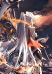  1girl bare_shoulders blue_sky cape cloud cloudy_sky earrings fire gauntlets hair_ornament highres honkai_(series) honkai_impact_3rd jewelry kiana_kaslana kiana_kaslana_(herrscher_of_flamescion) long_hair outdoors ponytail sky solo white_cape white_hair zirancike 