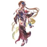  1girl arm_at_side blue_eyes brown_hair closed_mouth granblue_fantasy hair_ornament hand_up japanese_clothes kanzashi kimono kinchaku leona_(granblue_fantasy) long_hair minaba_hideo official_art pouch print_kimono shoes simple_background smile solo standing transparent_background yukata 