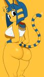  animal_crossing ankha_(animal_crossing) anthro big_breasts big_butt blue_hair bob_cut bottomless breasts butt clothed clothing domestic_cat egyptian_clothing emanata felid feline felis female hair hands_on_hips looking_back mammal markings motion_lines nintendo solo striped_markings striped_tail stripes surprise surprised_expression tail_markings under_boob uraeus video_games wide_eyed yellow_body yuta_agc 