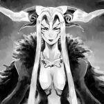  1girl bangs breasts cleavage dress earrings facial_mark final_fantasy final_fantasy_viii greyscale horns jewelry large_breasts lipstick long_hair makeup monochrome parted_bangs puffy_sleeves silver_hair solo square_enix takanamushi ultimecia upper_body 