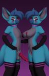 3d_(artwork) anthro big_penis blue_body blush breasts butt canid canine clothing collar digital_media_(artwork) duo female fox genitals hi_res knot legwear looking_at_viewer male male/female mammal penis smile square_crossover thigh_highs username-password username_(character) 
