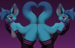  &lt;3 3d_(artwork) anthro big_penis blep blue_body blush breasts butt canid canine clothing collar digital_media_(artwork) duo female fox genitals gesture knot legwear looking_at_viewer male male/female mammal nude penis smile square_crossover tail_gesture tail_heart thigh_highs tongue tongue_out username-password username_(character) 