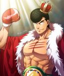  1boy black_eyes black_hair boxing_gloves cape championship_belt closed_mouth commentary_request crown gradient gradient_background hajime_no_ippo hand_up jin_akhr lens_flare looking_at_viewer muscular muscular_male red_cape scar scar_on_chest shiny short_hair smile solo spotlight takamura_mamoru thick_eyebrows tilted_headwear 