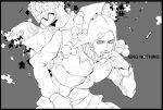  2boys beard character_name facial_hair greyscale higashikata_norisuke_iv highres hospital_0434 jigsaw_puzzle jojo_no_kimyou_na_bouken jojolion king_nothing long_hair male_focus monochrome multiple_boys padded_vest puzzle puzzle_piece 