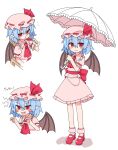  &gt;:) 1girl alcohol arms_up ascot back_bow bangs bat_wings blue_hair blush blush_stickers bobby_socks bow brooch claw_pose closed_mouth cup drinking drinking_glass eyebrows_visible_through_hair fang frilled_shirt frilled_shirt_collar frilled_skirt frilled_sleeves frills full_body hair_between_eyes hat hat_ribbon highres holding holding_cup holding_umbrella jewelry looking_at_viewer mary_janes mob_cap multiple_views nihohohi open_mouth parasol pink_legwear pink_shirt pink_skirt pointy_ears puffy_short_sleeves puffy_sleeves red_ascot red_bow red_eyes red_ribbon remilia_scarlet ribbon sash shiny shiny_hair shirt shoes short_hair short_sleeves simple_background skirt skirt_set smile socks touhou translation_request umbrella upper_body v-shaped_eyebrows white_background wine wine_glass wings 