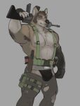  2022 anthro armpit_hair armwear assault_rifle body_hair brown_body brown_fur brown_hair canid canine canis clothing coyote elbow_gloves ellow_eyes facial_hair fur gloves grey_background gun hair handwear holding_gun holding_object holding_weapon horrorbuns jockstrap knife legbag long_socks looking_at_viewer male mammal muscular muscular_male ranged_weapon rifle serious_face sideburns simple_background solo suspenders tan_body tan_fur torn_clothing underwear weapon william_adler 