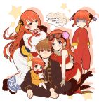  1boy 4girls barefoot blue_eyes breasts brown_hair chawa_(chawawa) chinese_clothes disgust gintama japanese_clothes kagura_(gintama) leaning_on_person long_hair looking_at_another looking_at_viewer multiple_girls multiple_persona okita_sougo older on_lap red_eyes red_hair short_hair sitting smile translation_request unamused younger 