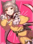  1girl absurdres animal_ears bangs blunt_bangs bodysuit cat_ears cat_girl facial_mark fang flat_chest gloves highres kyosuke1413koba nia_(xenoblade) short_hair silver_hair solo white_gloves xenoblade_chronicles_(series) xenoblade_chronicles_2 yellow_bodysuit yellow_eyes 