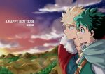  2boys bakugou_katsuki blonde_hair boku_no_hero_academia cape cloud freckles fur_collar green_cape green_eyes green_hair happy_new_year highres looking_afar male_focus midoriya_izuku multiple_boys no_control outdoors profile red_cape red_eyes smile spiked_hair sunset 