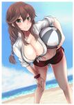  1girl ball bangs beach beachball blue_sky braid breasts brown_hair cleavage cloud day feet_out_of_frame green_eyes hand_on_own_thigh highres horizon kantai_collection large_breasts leaning_forward long_hair noshiro_(kancolle) ocean outdoors r31harutan red_scrunchie red_shorts scrunchie shirt shorts sky solo swept_bangs swimsuit tied_shirt twin_braids wrist_scrunchie 