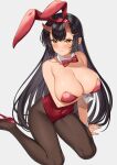  absurdres animal_ears black_hair black_legwear bow bowtie breasts cleavage commentary_request demon_girl detached_collar hair_ornament hairclip highres horns large_breasts leotard long_hair origamine_ouka original pantyhose playboy_bunny pointy_ears rabbit_ears red_bow red_bowtie red_eyes red_footwear red_leotard sitting strapless strapless_leotard takunomi wariza wrist_cuffs 