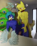  absurd_res anthro arta_aere artbyyellowdog avian bird blue_hair canid canine canis collar domestic_dog duo frustrated galliform genitals green_eyes hair hi_res hot_dogging humanoid_genitalia humanoid_penis imminent_sex male male/male mammal peafowl penis phasianid roger_(artbyyellowdog) size_shaming teasing winged_arms wings 