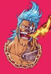  1boy artist_request blue_eyes blue_hair chain_necklace cropped_torso cyborg fire franky hair_strand highres injury long_sideburns male_focus one_piece pink_background short_hair sideburns smile solo 