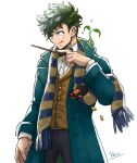  1boy black_bow black_bowtie boku_no_hero_academia bow bowtie bowtruckle coat collared_shirt cosplay freckles gem gold_coin green_coat green_eyes green_hair heart holding holding_gem holding_wand male_focus midoriya_izuku multicolored_clothes multicolored_scarf newt_scamander newt_scamander_(cosplay) niffler pero_(pero56870578) scarf shirt simple_background solo tongue tongue_out trench_coat twitter_username vest wand yellow_vest 