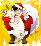  1boy angry animal antlers bag black_hair boots bruise bruise_on_face christmas christmas_tree commentary_request dog grin hajime_no_ippo hat holding holding_animal holding_bag holding_dog injury jin_akhr muscular muscular_male reindeer_antlers santa_costume santa_hat short_hair smile solo speech_bubble squatting sweatdrop takamura_mamoru teeth thick_eyebrows yellow_background 