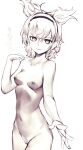  1girl breasts closed_mouth collarbone completely_nude cowboy_shot earmuffs eyebrows_visible_through_hair greyscale hair_between_eyes hairband highres kisamu_(ksmz) light_smile looking_at_viewer medium_breasts monochrome nipples nude pointy_hair short_hair simple_background solo touhou toyosatomimi_no_miko white_background 