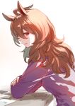 1girl agnes_tachyon_(umamusume) ahoge animal_ears bangs banned_artist breasts brown_hair crossed_arms from_side horse_ears long_hair long_sleeves looking_at_viewer looking_to_the_side nacht parted_lips purple_shirt red_eyes shirt sideways_mouth small_breasts solo table twitter_username umamusume upper_body 