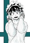  1boy boku_no_hero_academia collarbone head_tilt headphones highres holding holding_headphones long_sleeves looking_at_viewer male_focus monochrome no_control open_mouth smile solo spot_color sweater teeth 