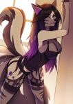  against_surface against_wall anthro black_hair breasts clothed clothing digital_media_(artwork) felid feline female gradient_hair hair hi_res inside long_hair mammal purple_eyes purple_hair purple_inner_ear purple_tongue shaded solo standing tongue zetsuboucchi 