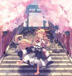  1girl :d bangs barefoot bow cherry_blossoms closed_mouth cube cuffs facing_viewer full_body gourd gradient_sky hair_bow highres horns ibuki_suika kemo_chiharu light_rays long_hair low-tied_long_hair open_mouth orange_hair orb outdoors pointy_ears purple_skirt pyramid red_bow ribbon-trimmed_skirt ribbon_trim shackles shirt signature skirt sky smile solo stairs standing standing_on_one_leg torii torn_clothes torn_sleeves touhou very_long_hair white_shirt wrist_cuffs 
