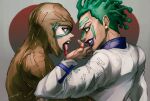  2boys bodysuit cioccolata earrings facial_mark green_eyes green_hair highres hospital_0434 jewelry jojo_no_kimyou_na_bouken lipstick makeup male_focus multiple_boys purple_eyes purple_lips secco string string_of_fate tongue tongue_out vento_aureo yaoi 