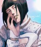  1boy bangs black_hair blue_eyes blunt_bangs bob_cut bruno_buccellati hair_ornament hairclip hand_to_own_face hospital_0434 italian_text jojo_no_kimyou_na_bouken male_focus solo vento_aureo zipper 